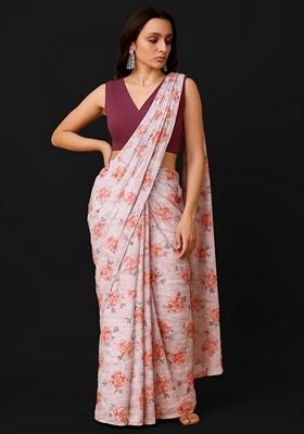 Lavender Printed Pre Draped Saree Set