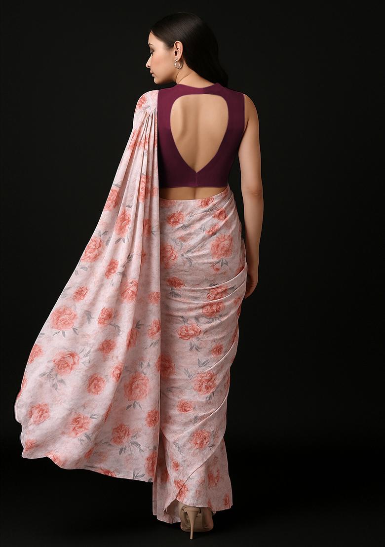 Lavender Printed Polyester Pre Draped Saree Set - Indya