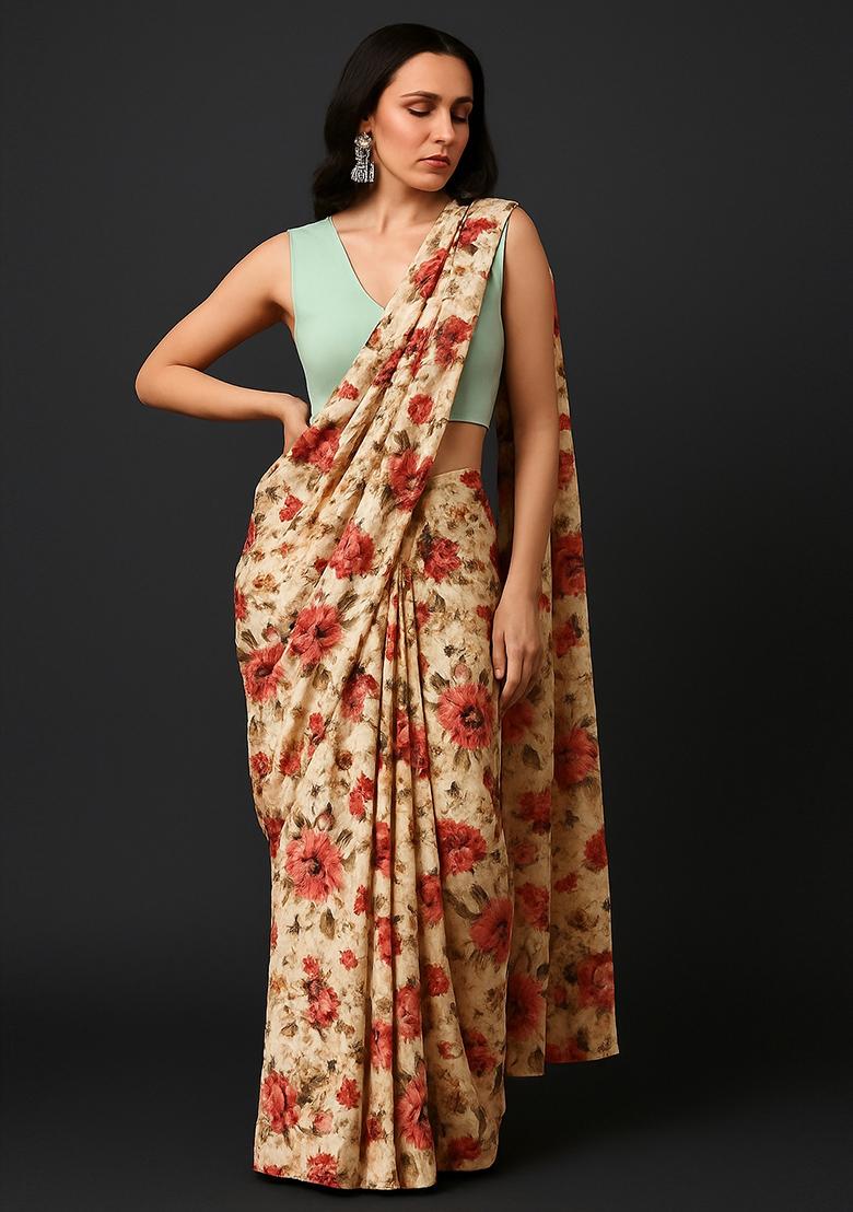 Cream Printed Pre Draped Saree Set