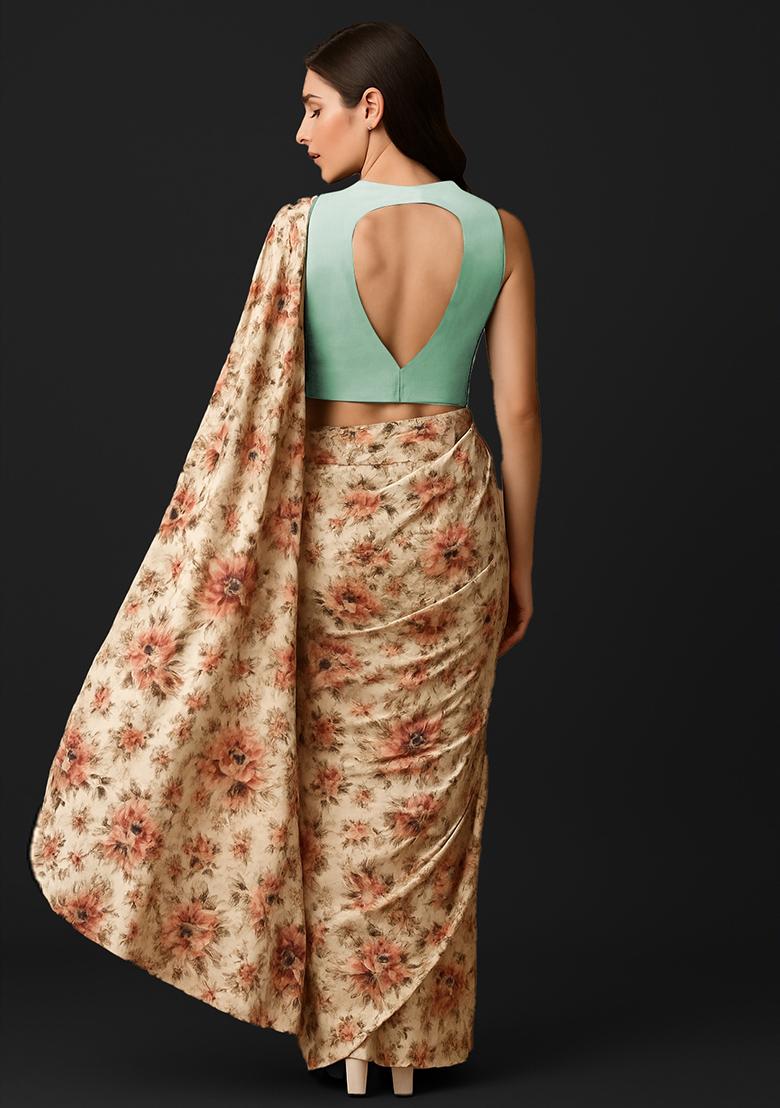 Cream Printed Pre Draped Saree Set