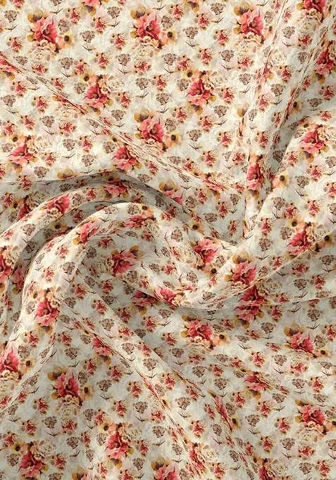 Cream Printed Pre Draped Saree Set