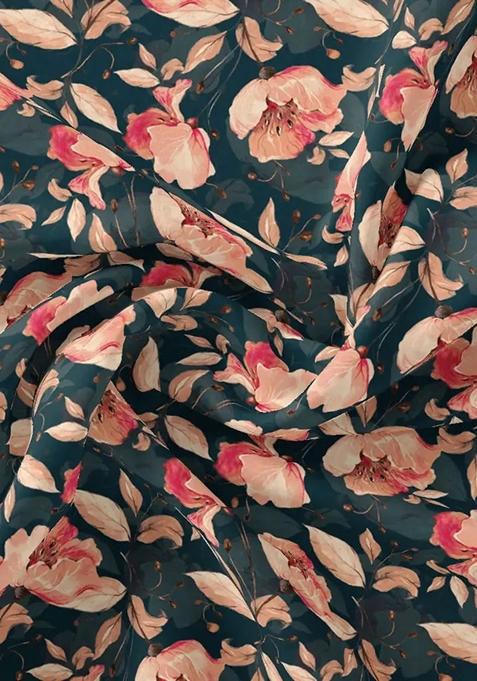 Dark Teal Blue Printed Satin Pre Draped Saree Set