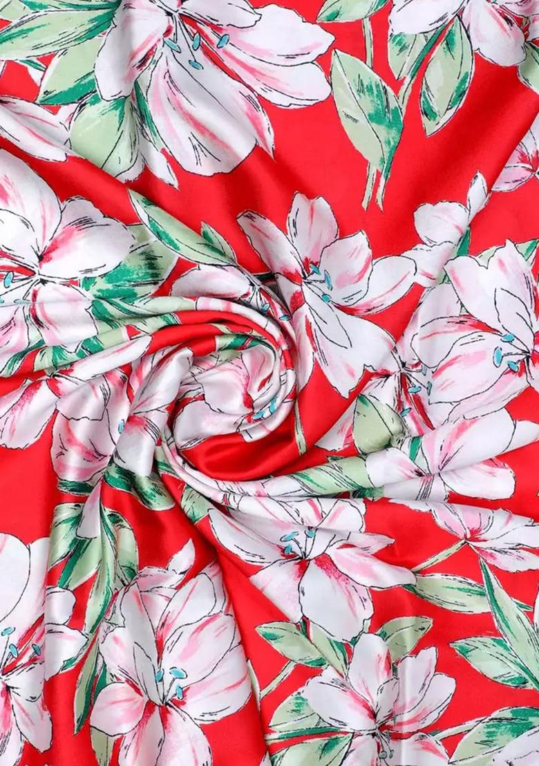 Red Printed Satin Pre Draped Saree Set