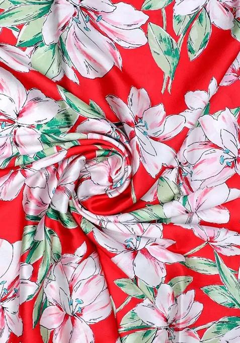 Red Printed Satin Pre Draped Saree Set