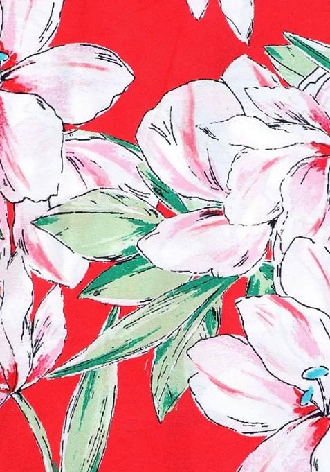 Red Printed Satin Pre Draped Saree Set