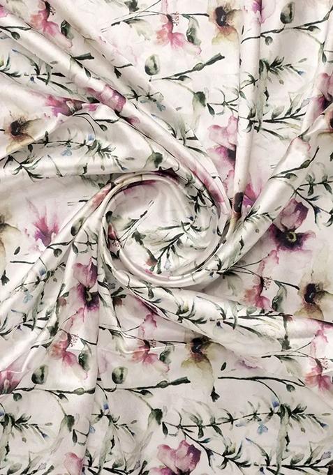 Beige Printed Satin Pre Draped Saree Set