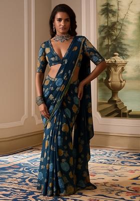 Blue Printed Chiffon Pre Draped Saree Set