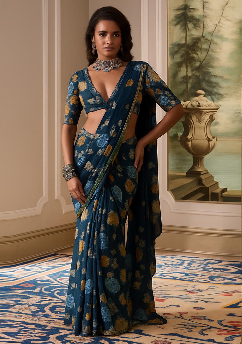Blue Printed Chiffon Pre Draped Saree Set - Indya