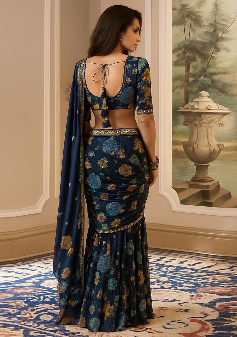Blue Printed Chiffon Pre Draped Saree Set - Indya