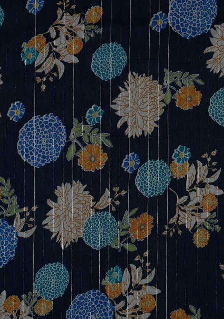 Blue Printed Chiffon Pre Draped Saree Set - Indya