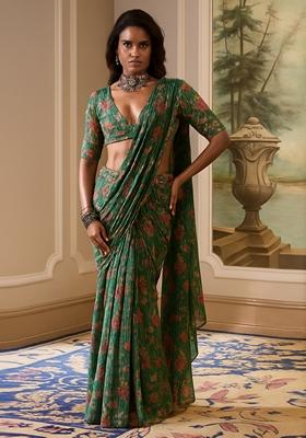 Green Printed Chiffon Pre Draped Saree Set