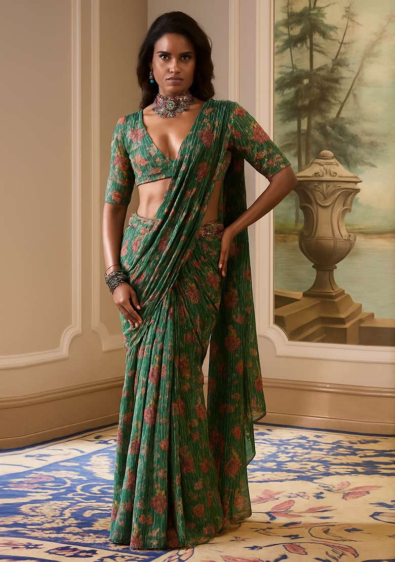 Green Printed Chiffon Pre Draped Saree Set for Diwali and Festive Wear - Indya