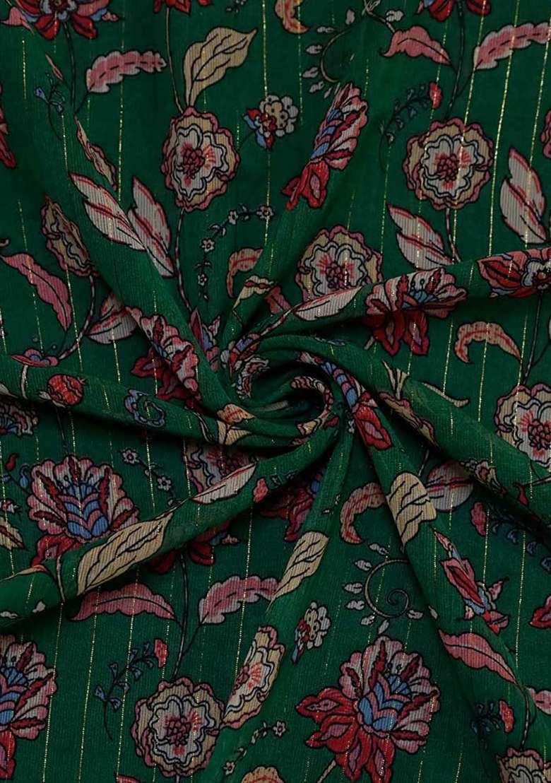 Green Printed Chiffon Pre Draped Saree Set for Diwali and Festive Wear - Indya