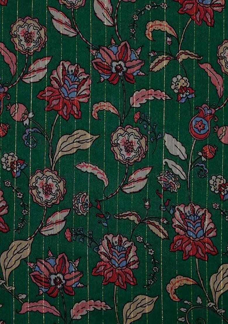 Green Printed Chiffon Pre Draped Saree Set - Indya