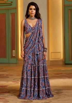 Multicolor Printed Chiffon Pre Draped Saree Set