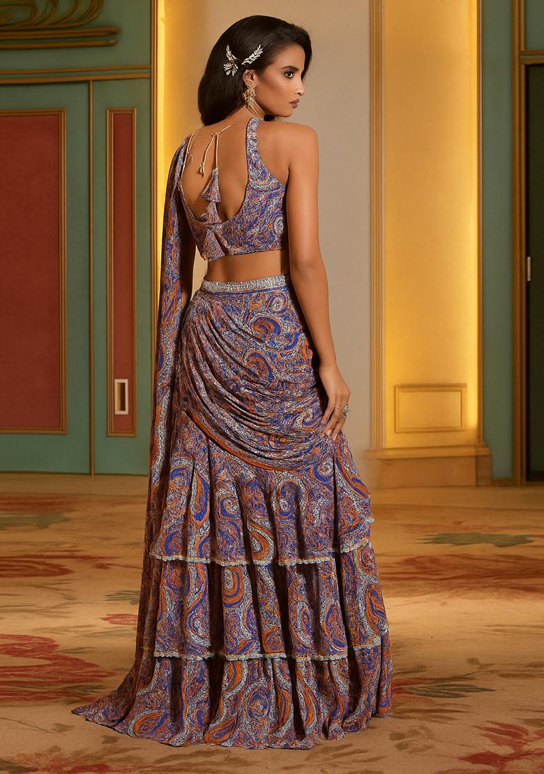 Multicolor Printed Chiffon Pre Draped Saree Set - Indya