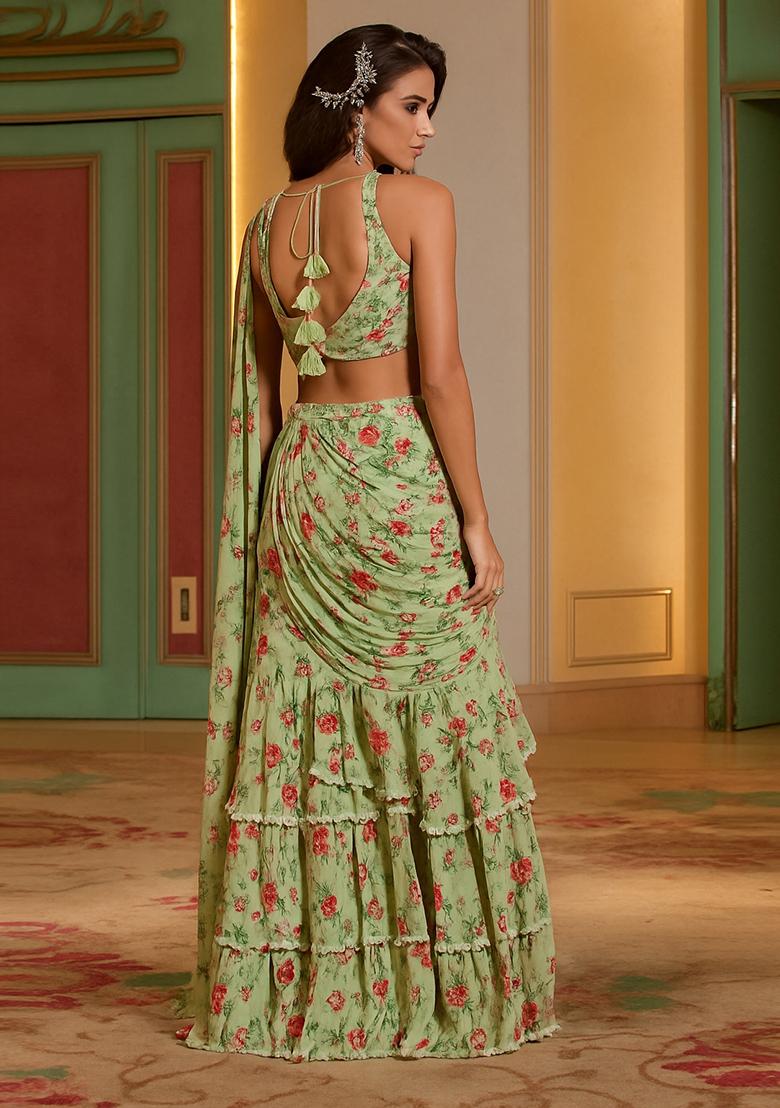 Yellow Printed Georgette Pre Draped Saree Set - Indya