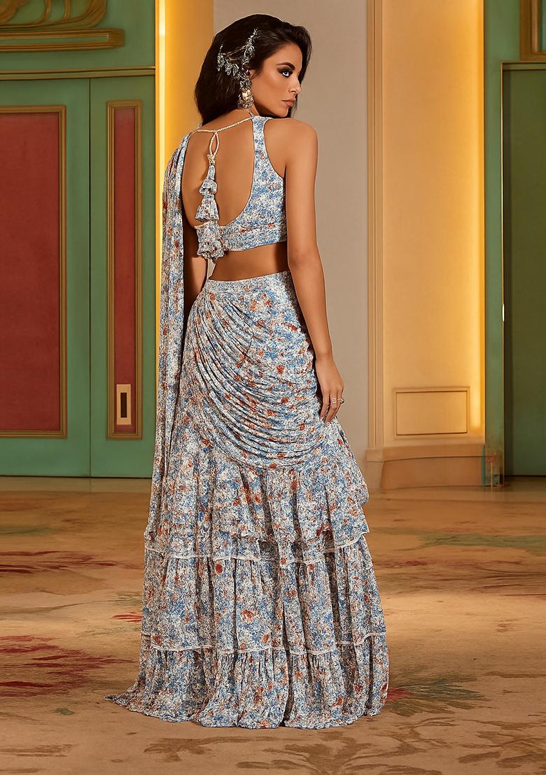 Multicolor Printed Georgette Pre Draped Saree Set - Indya