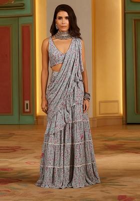 Multicolor Printed Chiffon Pre Draped Saree Set