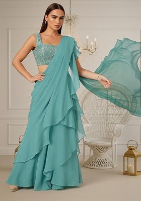Sky Blue Sequin Embroidered Georgette Pre Draped Saree Set