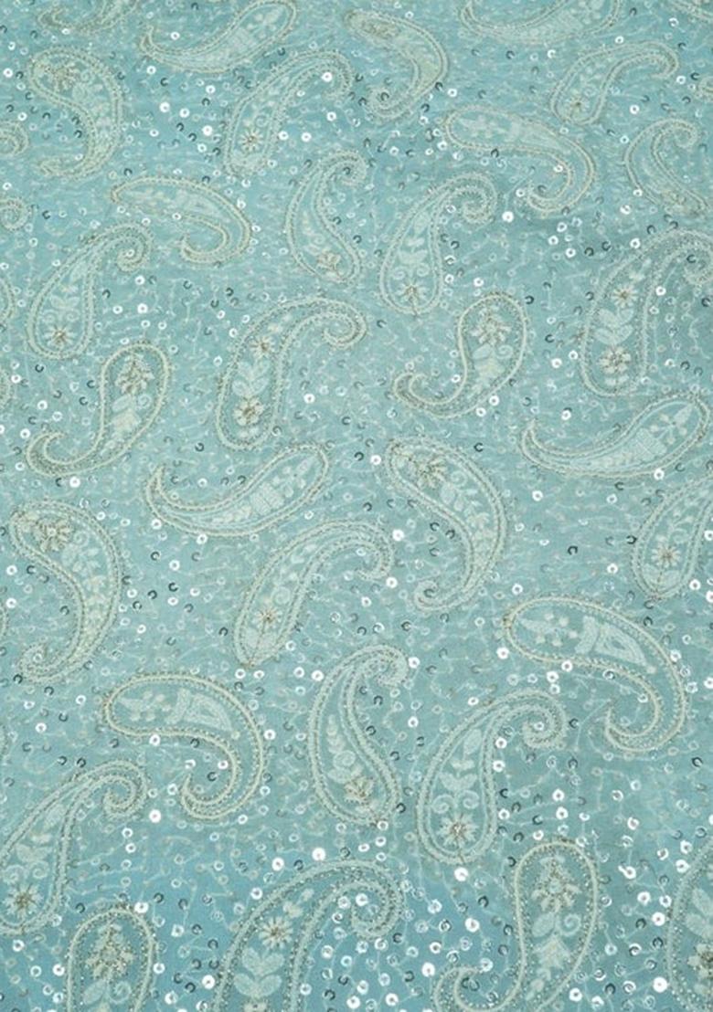 Sky Blue Sequin Embroidered Georgette Pre Draped Saree Set - Indya