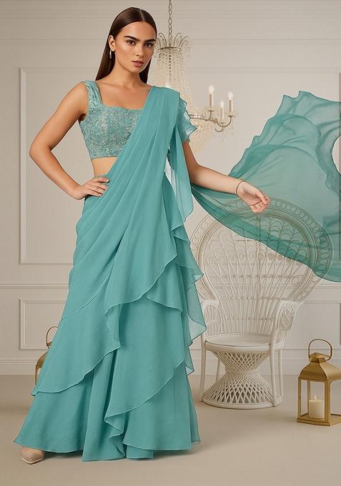 Sky Blue Sequin Embroidered Georgette Pre Draped Saree Set