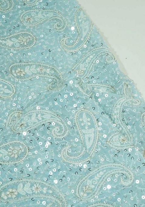 Sky Blue Sequin Embroidered Georgette Pre Draped Saree Set