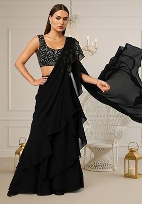 Black Sequin Embroidered Georgette Pre Draped Saree Set