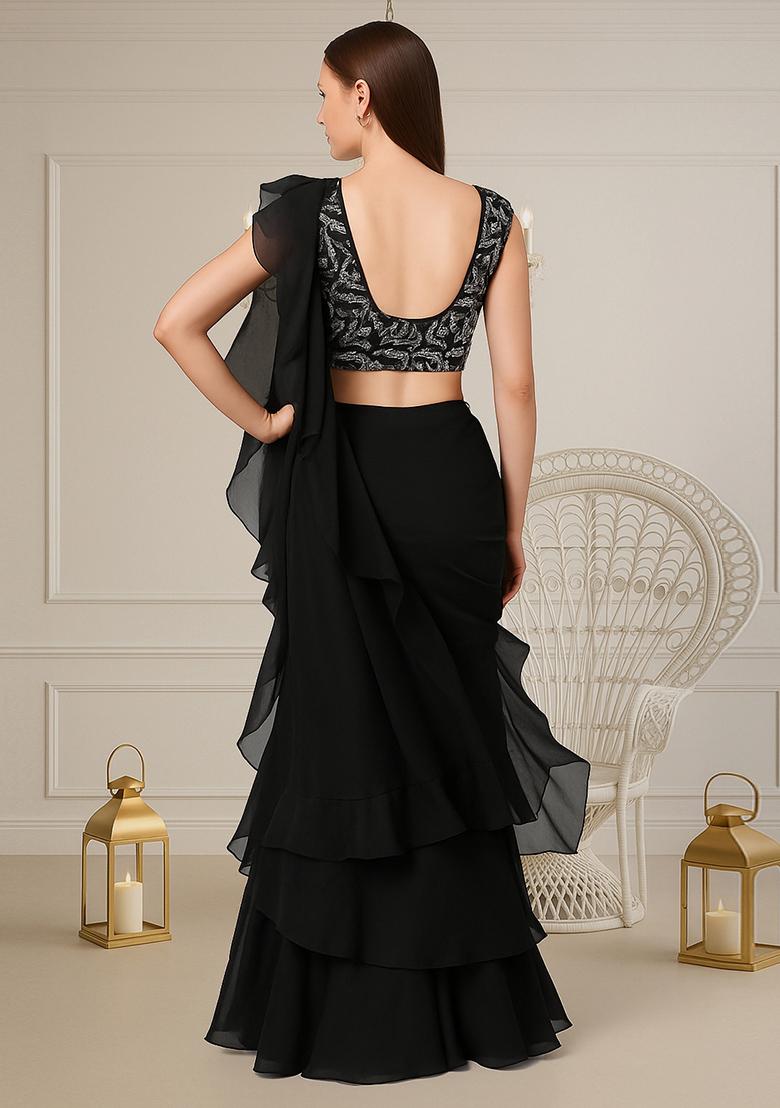 Black Sequin Embroidered Georgette Pre Draped Saree Set - Indya