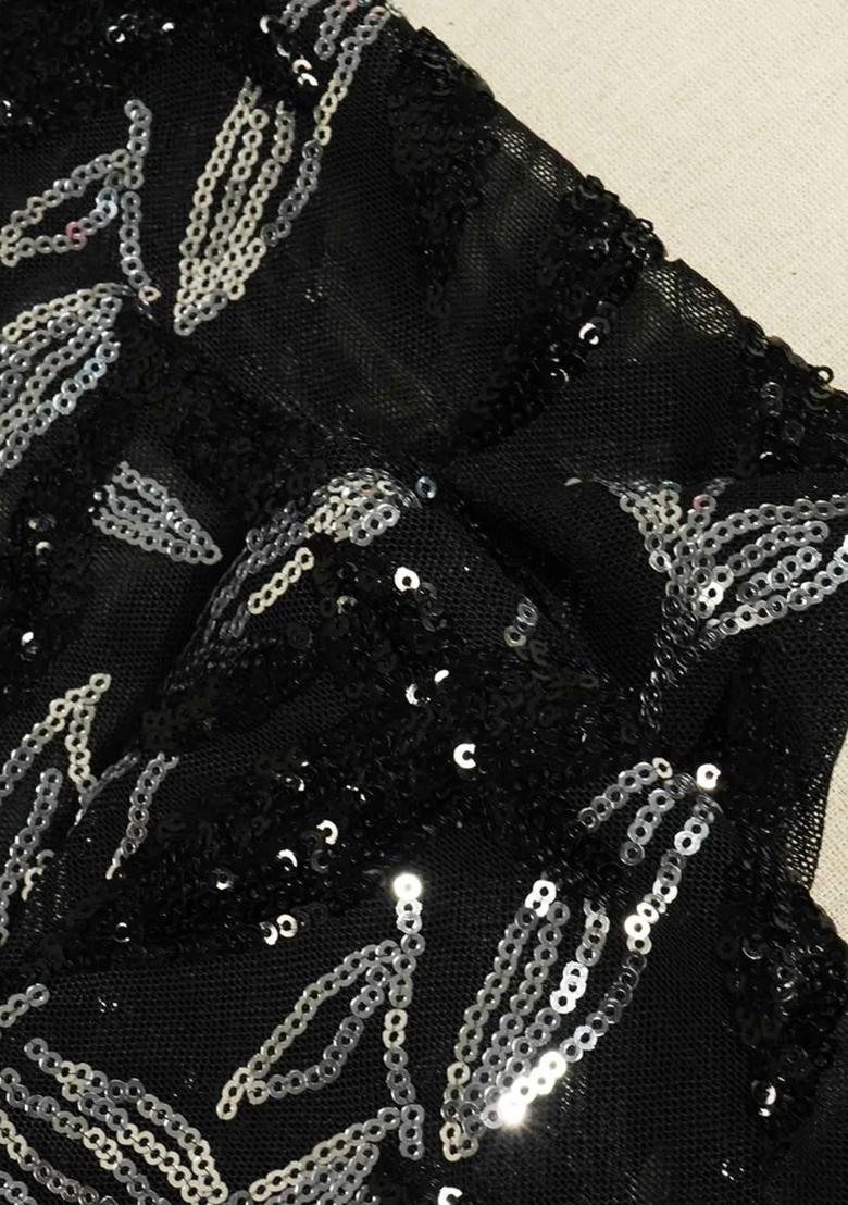 Black Sequin Embroidered Georgette Pre Draped Saree Set - Indya