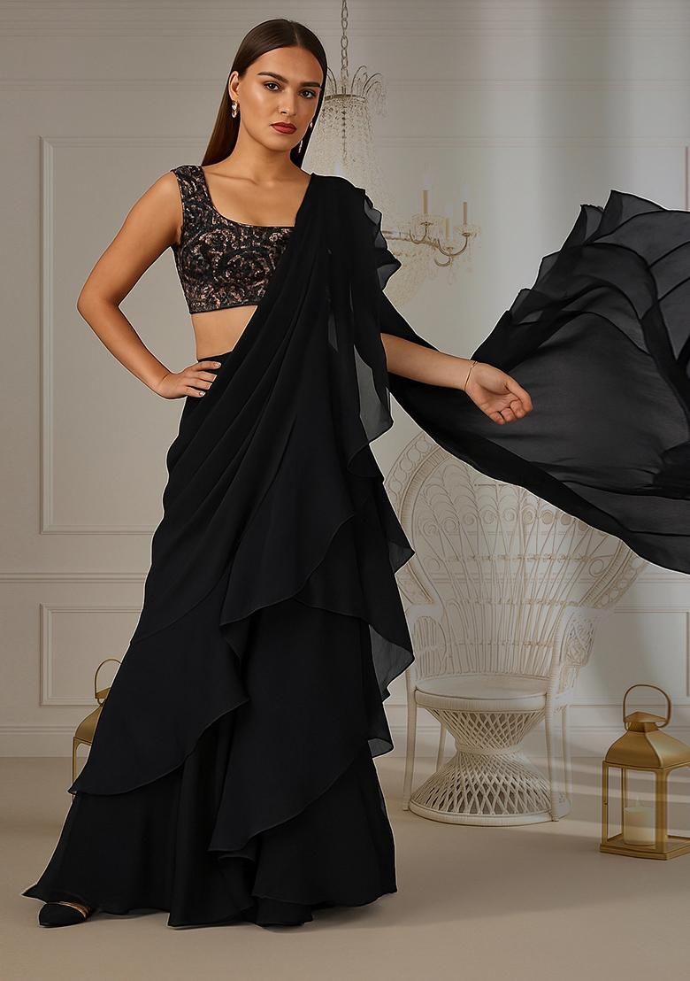 Navy Blue Sequin Embroidered Net Pre Draped Saree Set