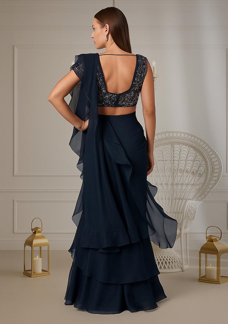 Navy Blue Sequin Embroidered Net Pre Draped Saree Set - Indya