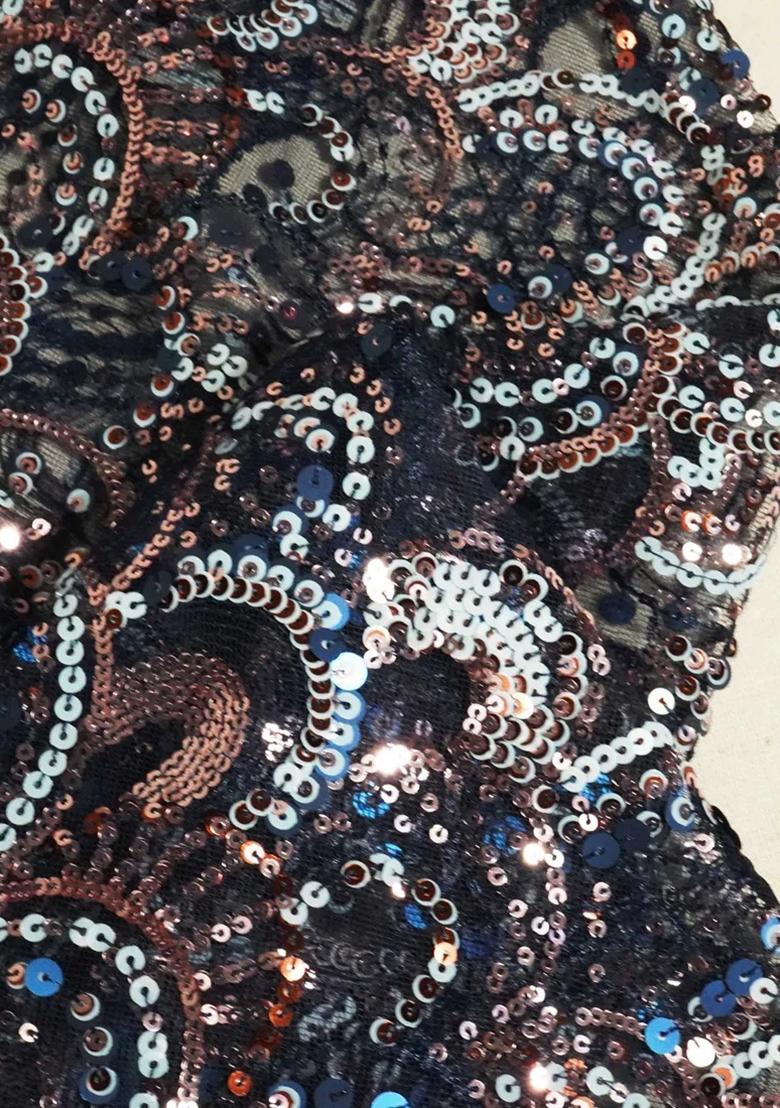 Navy Blue Sequin Embroidered Net Pre Draped Saree Set - Indya