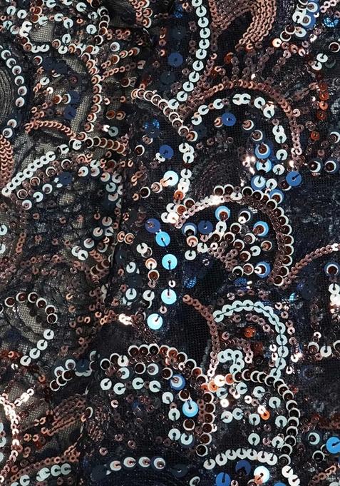 Navy Blue Sequin Embroidered Net Pre Draped Saree Set