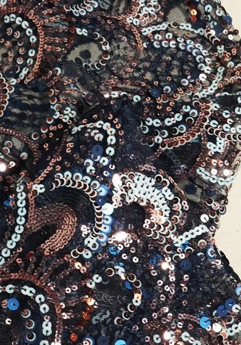 Navy Blue Sequin Embroidered Net Pre Draped Saree Set