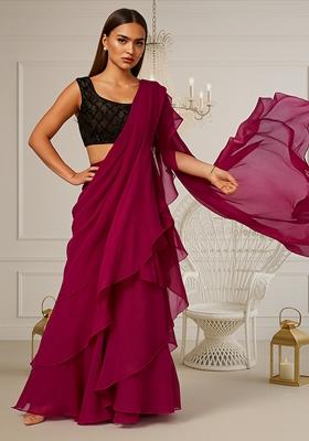 Pink Sequin Embroidered Net Pre Draped Saree Set