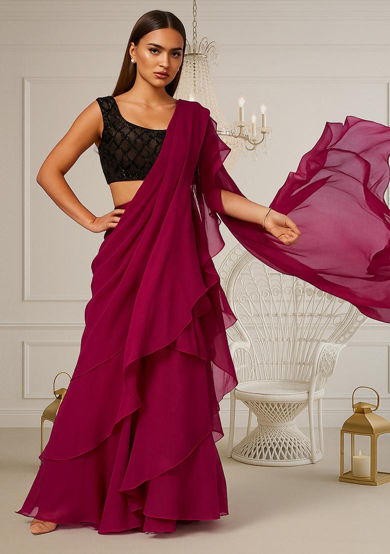 Pink Sequin Embroidered Net Pre Draped Saree Set
