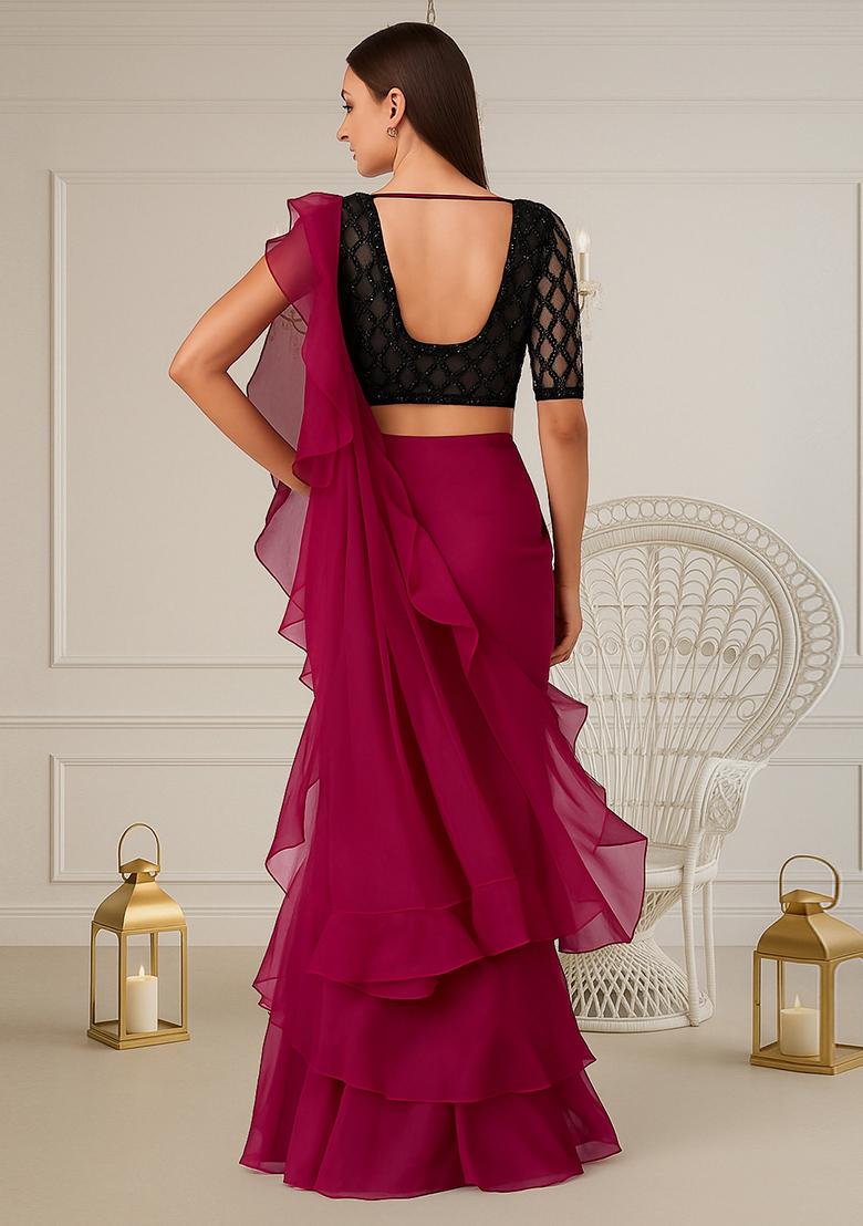 Pink Sequin Embroidered Net Pre Draped Saree Set - Indya