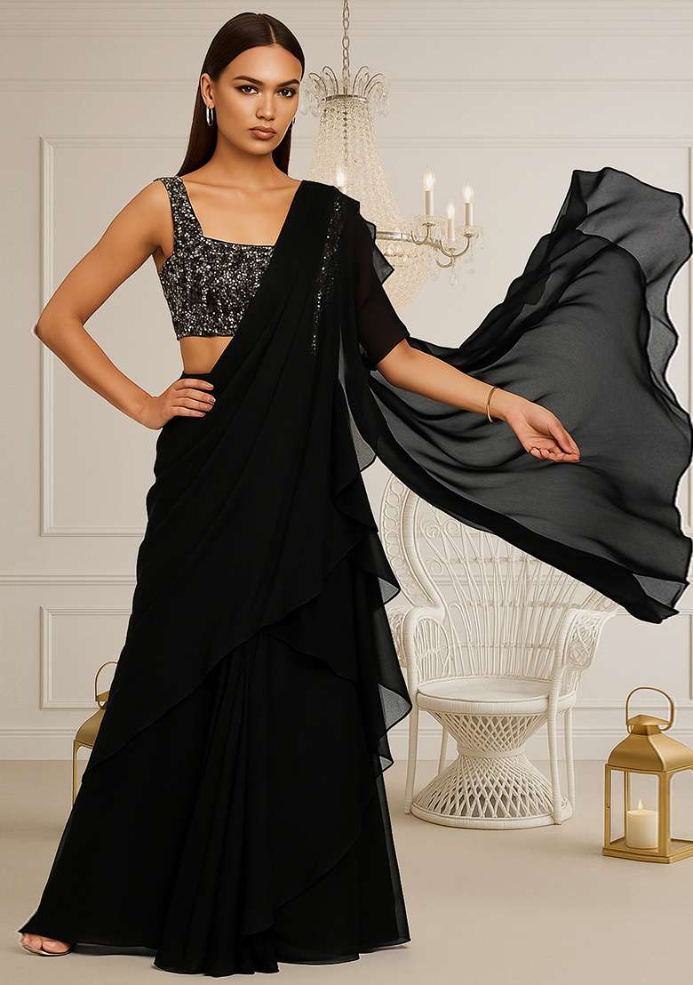 Black Sequin Embroidered Net Pre Draped Saree Set - Indya