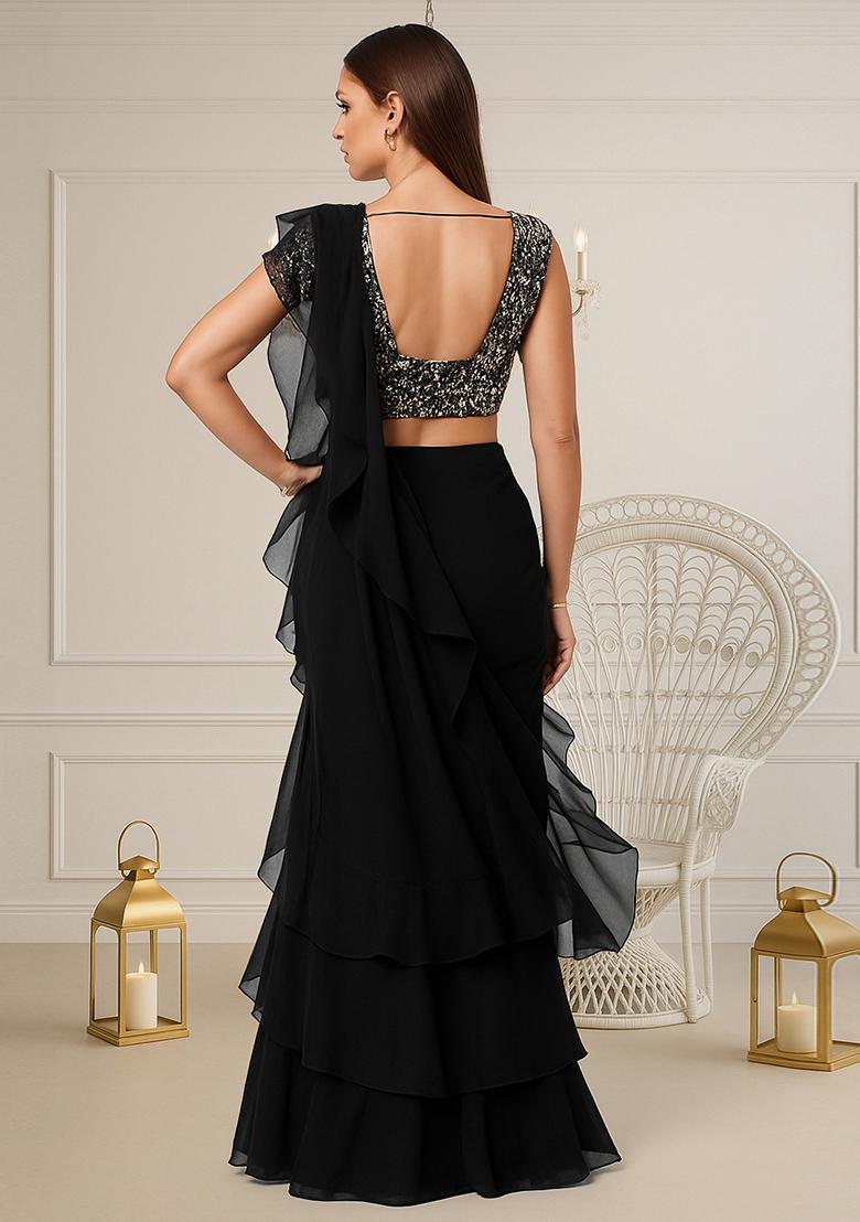 Black Sequin Embroidered Net Pre Draped Saree Set - Indya