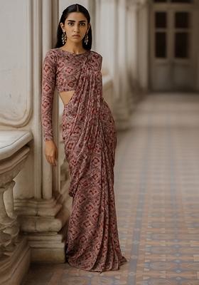 Peach Printed Georgette Pre Draped Saree Set