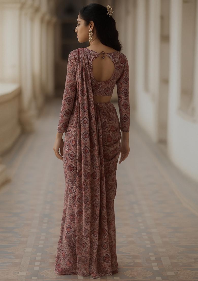 Peach Printed Georgette Pre Draped Saree Set - Indya