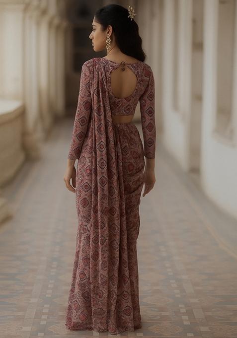 Peach Printed Georgette Pre Draped Saree Set