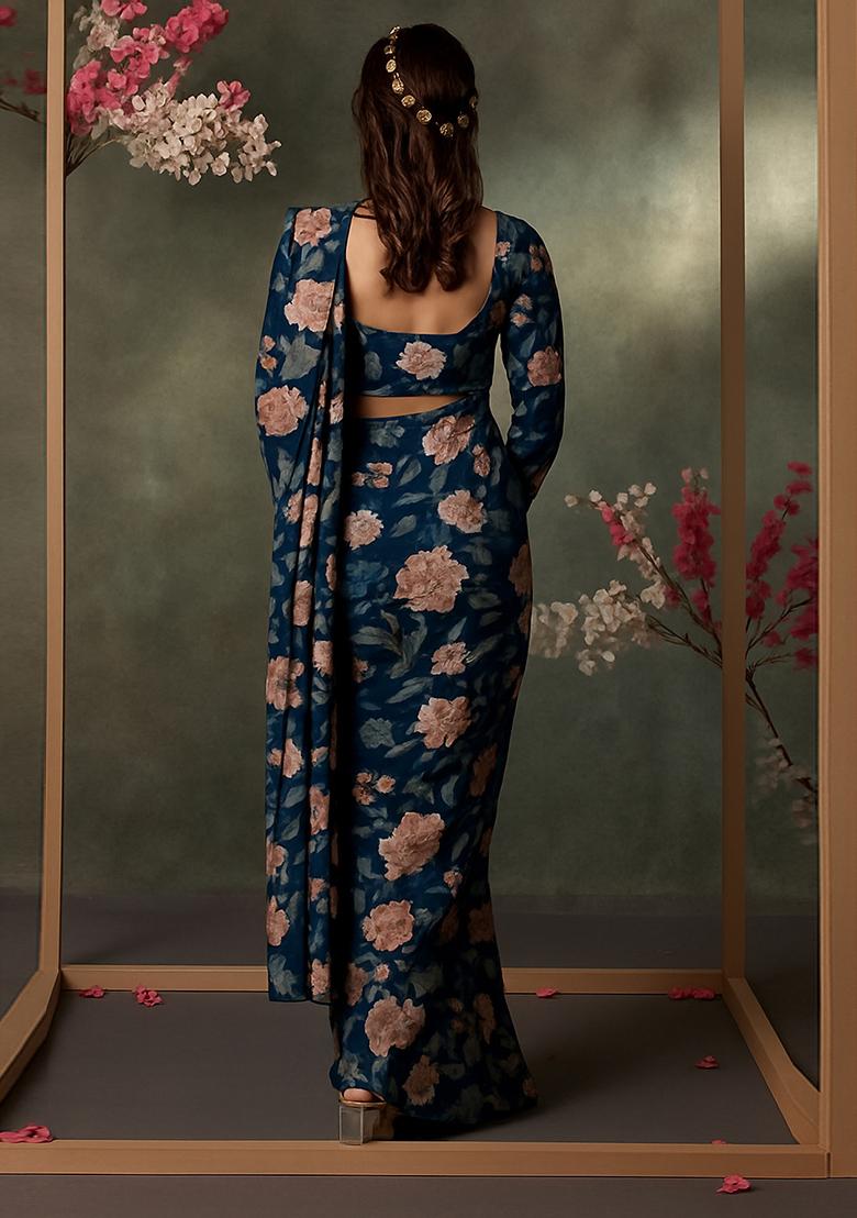 Blue Printed Georgette Pre Draped Saree Set - Indya