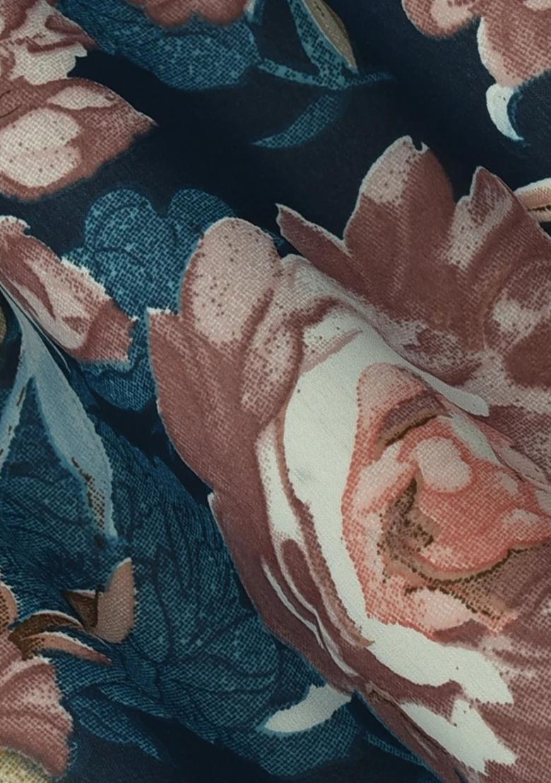 Blue Printed Georgette Pre Draped Saree Set - Indya