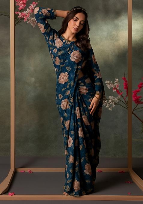 Blue Printed Georgette Pre Draped Saree Set