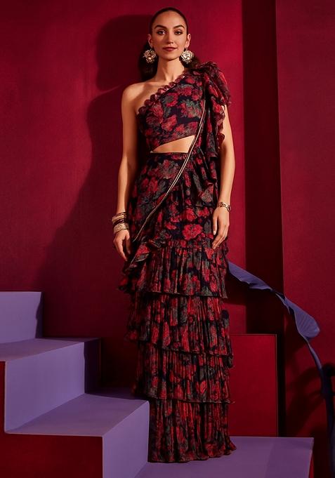 Multicolor Printed Georgette Pre Draped Saree Set