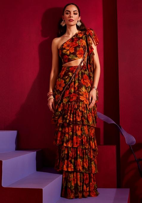 Multicolor Printed Georgette Pre Draped Saree Set