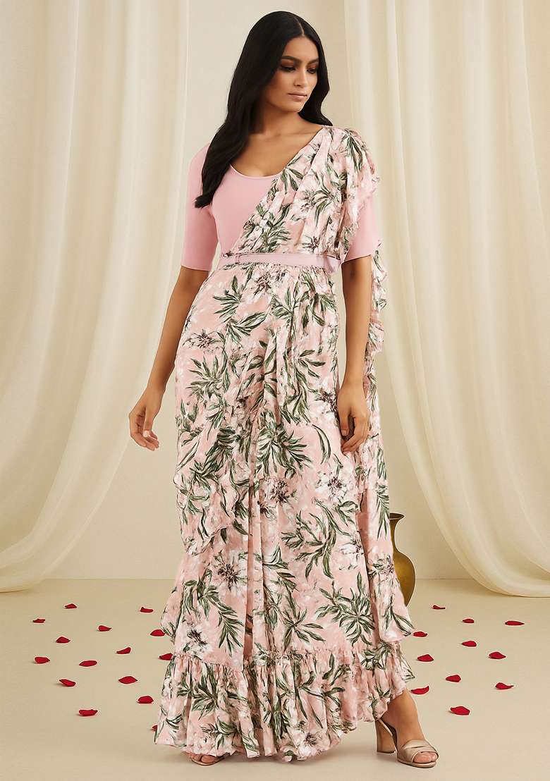 Pink Printed Georgette Pre Draped Saree Set - Indya