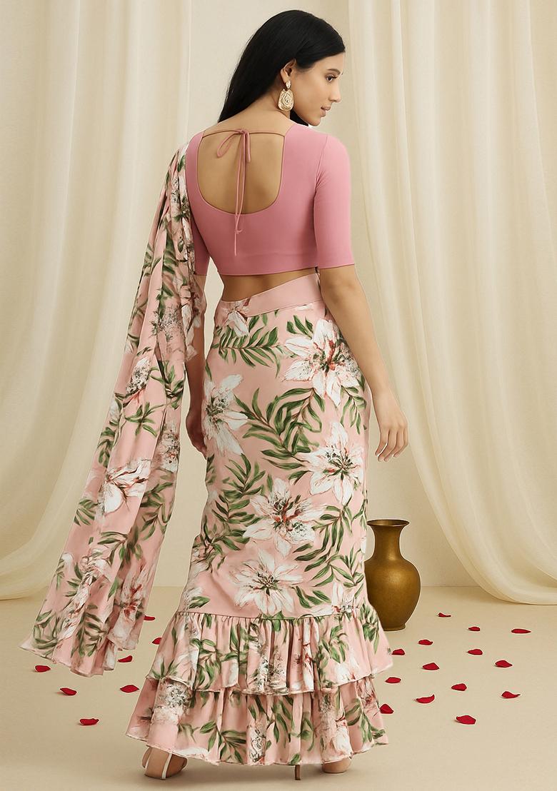 Pink Printed Georgette Pre Draped Saree Set - Indya